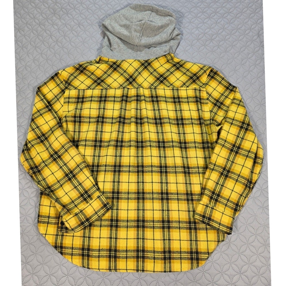 Forever 21 Mens Yellow Black Plaid Hooded Flannel Shirt Button Up Medium - Picture 7 of 8